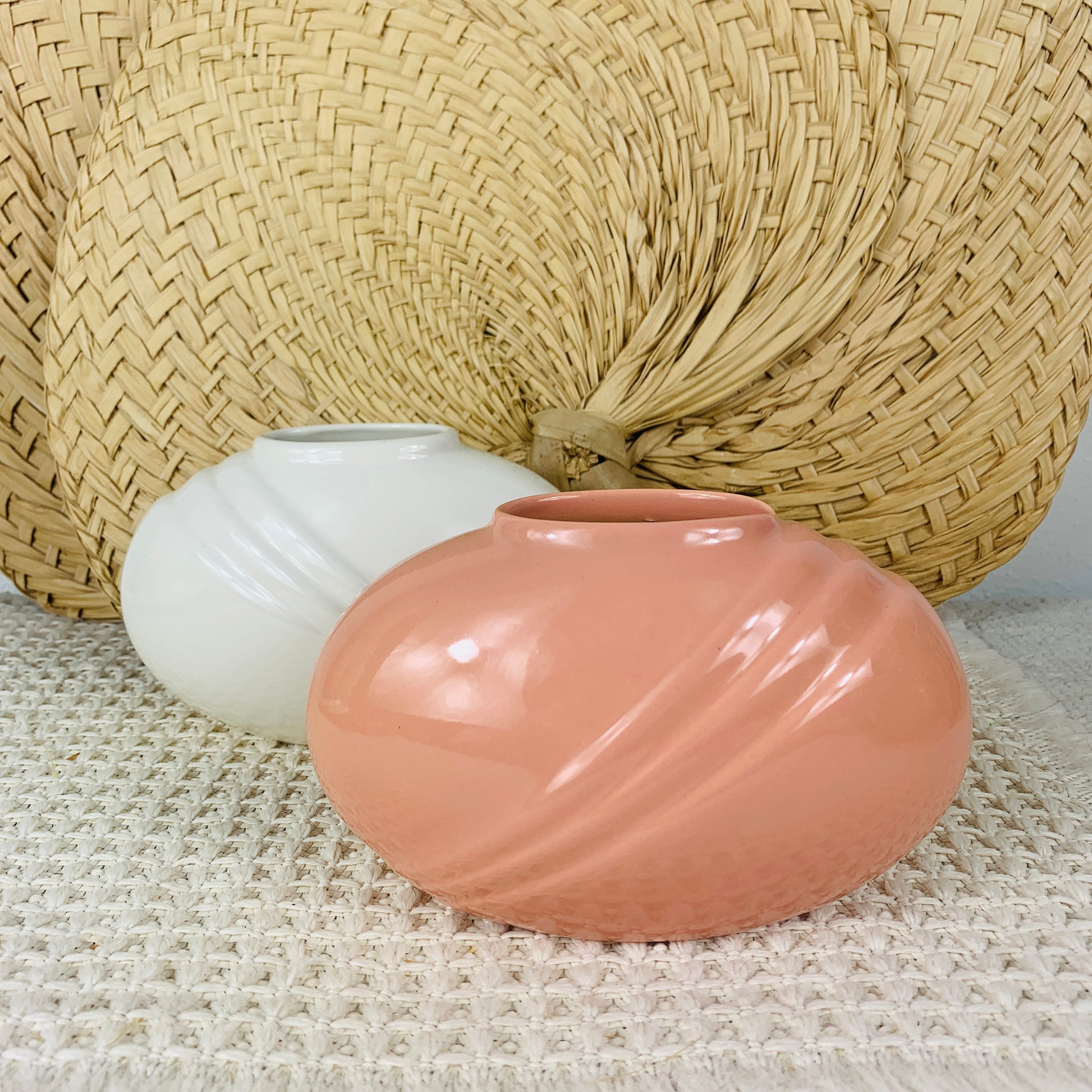 1980s Art Deco Blush Pink White Vases Set Etsy