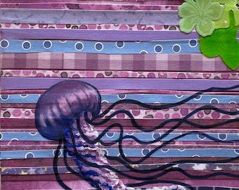 Purple Jellyfish  7x14 inch  Original Collage Painting
