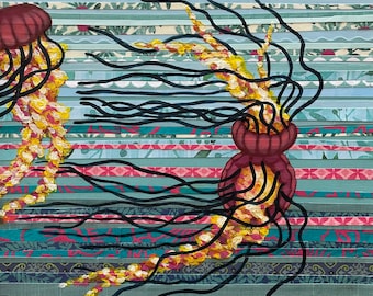 Three Pink Jellyfish  12x12 inch  Original Collage Painting