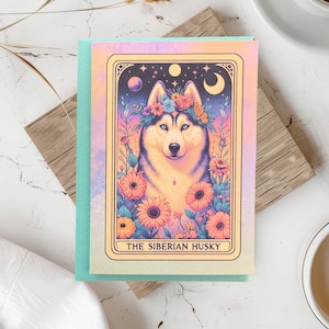 Aquarel kaart Siberische husky voor hondenliefhebbers - Boho Chic Canine Art - Tarot-invloed - Boho-wenskaart