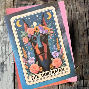 Doberman Dog Art Card - Celestial Doberman Tarot Greeting Card - Boho Dog Art Blank Card Artisan Envelope - Dog Lovers Gift - Canine Art