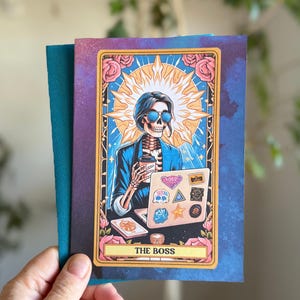 drôle de squelette de bureau | Le jour des morts a inspiré la carte de voeux Lady 5 x 7 | Cadeau de remerciement original pour collègue