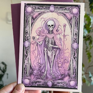 Carte de tarot squelette grande prêtresse - carte de voeux vierge gothique 5 x 7 - art enchanté d'une beauté envoûtante - carte de voeux Halloween