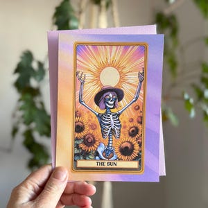 Funny Skeleton Sun Card | Summer Vibes Tarot Art 5x7 Greeting Card | Unique Mystical Birthday Card