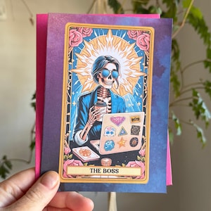 Lustige Büro-Skelett Karte | Tag der Toten inspiriert Boss Lady 5x7 Grußkarte | Lustiges Coworker Danke Geschenk