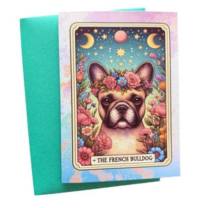 Franse Bulldog-tarotkaart | Mystieke hondwenskaart 5 x 7" | Gotische hondenkunst