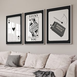 Retro Trendy Wall Art Set Of 3, Lucky You Print, Perfect Match Print, Black Ace Card Poster, Trendy Retro Wall Art, Aesthetic Print,