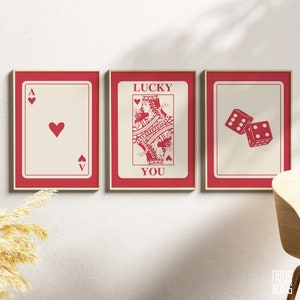 Zestaw 3 modnych, retro, ściennych grafik, wydruk Lucky You, czerwony, modny, retro, ścienny, sztuka Funky, estetyczny wydruk, plakat Red Ace Card,