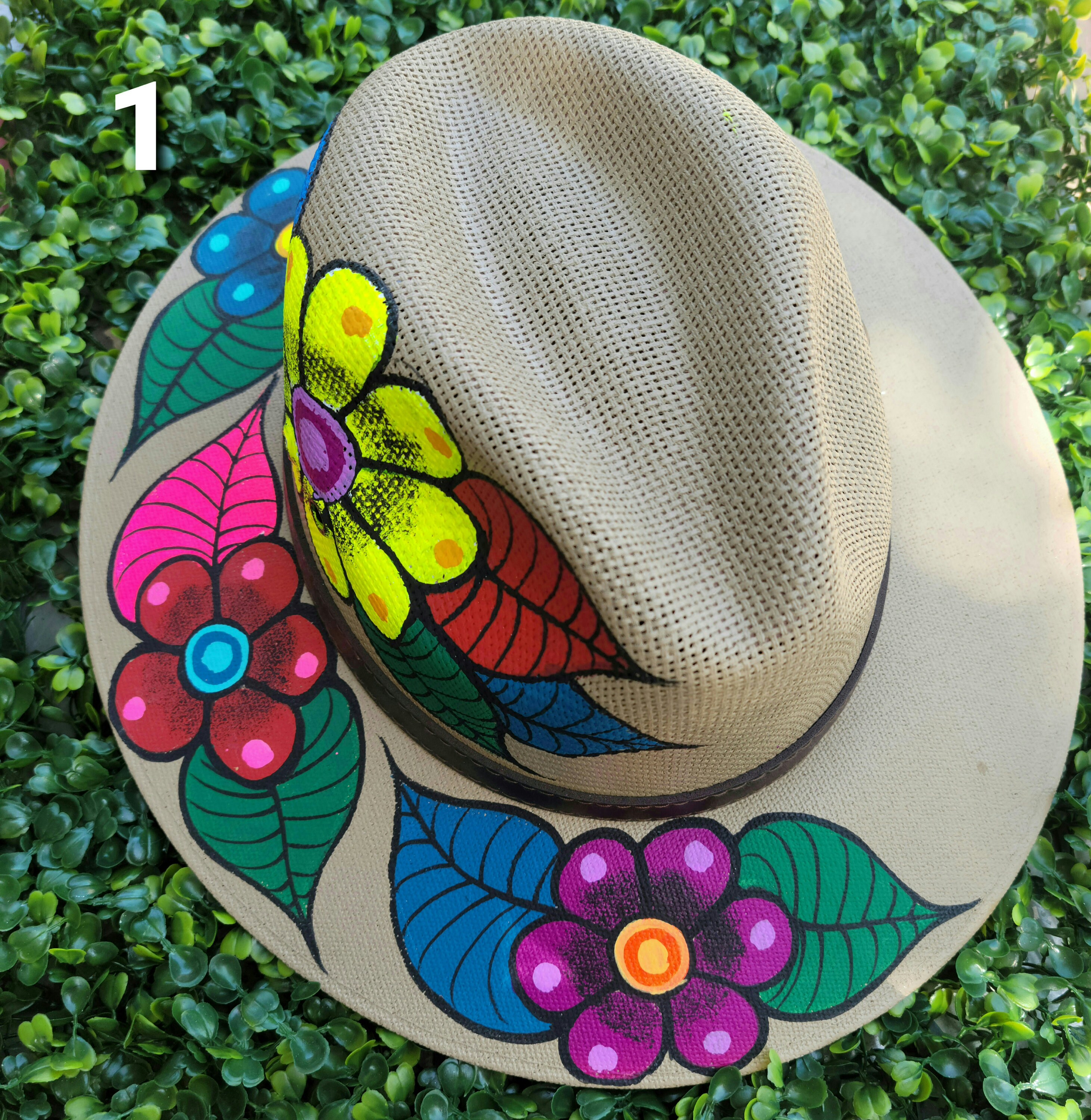 ?? NEW Hand-Painted Mexican Artisan Jute Boho Floral Sun Hat – Medium Mexican Embroidered Sun Hat Zinnia – Camelia Mexican Boutique main image 3
