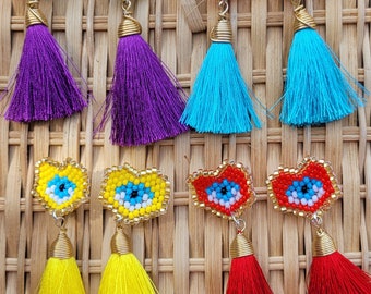 Evil Eye stud earrings | evil eye stud tassel earrings | artisan made earrings |  arete de ojo turco de chaquira