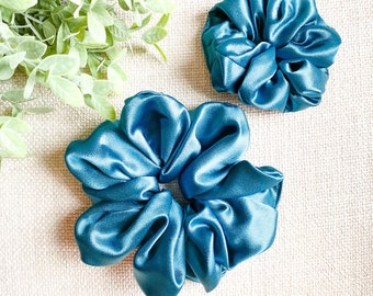 Handmade XXL/ Oversized Teal Blue Satin Scrunchies; Super Fluffy Scrunchies; Thick hair accessory; Comfy Hair accessory; Gift for her