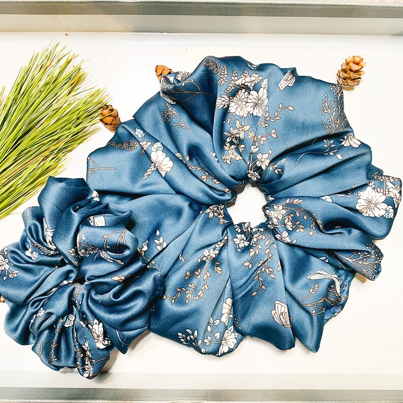 Handmade Oversized XXL Floral Silky Print Scrunchies; Blue Floral Scrunchies; Gift for her;Comfy Hair Accessory for women.