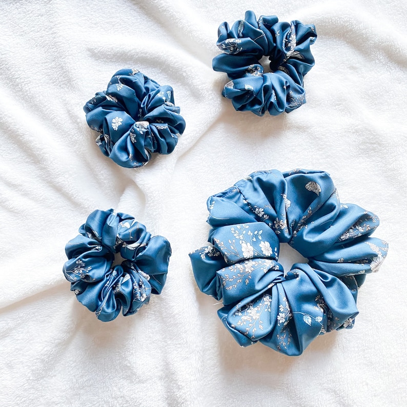 Handmade Oversized XXL Floral Silky Print Scrunchies; Blue Floral Scrunchies; Gift for her;Comfy Hair Accessory for women.