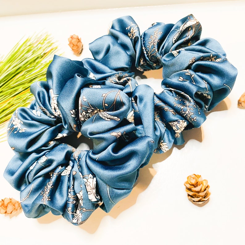 Handmade Oversized XXL Floral Silky Print Scrunchies; Blue Floral Scrunchies; Gift for her;Comfy Hair Accessory for women.