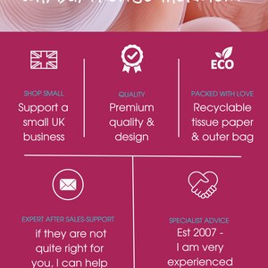 May include: Why buy from Jo Thornton? A pink and white graphic with text and icons. The text says "Support a small UK business", "Premium quality & design", "Recyclable tissue paper & outer bag", "if they are not quite right for you, I can help find a better fit", and "Est 2007 - I am very experienced & love to help".