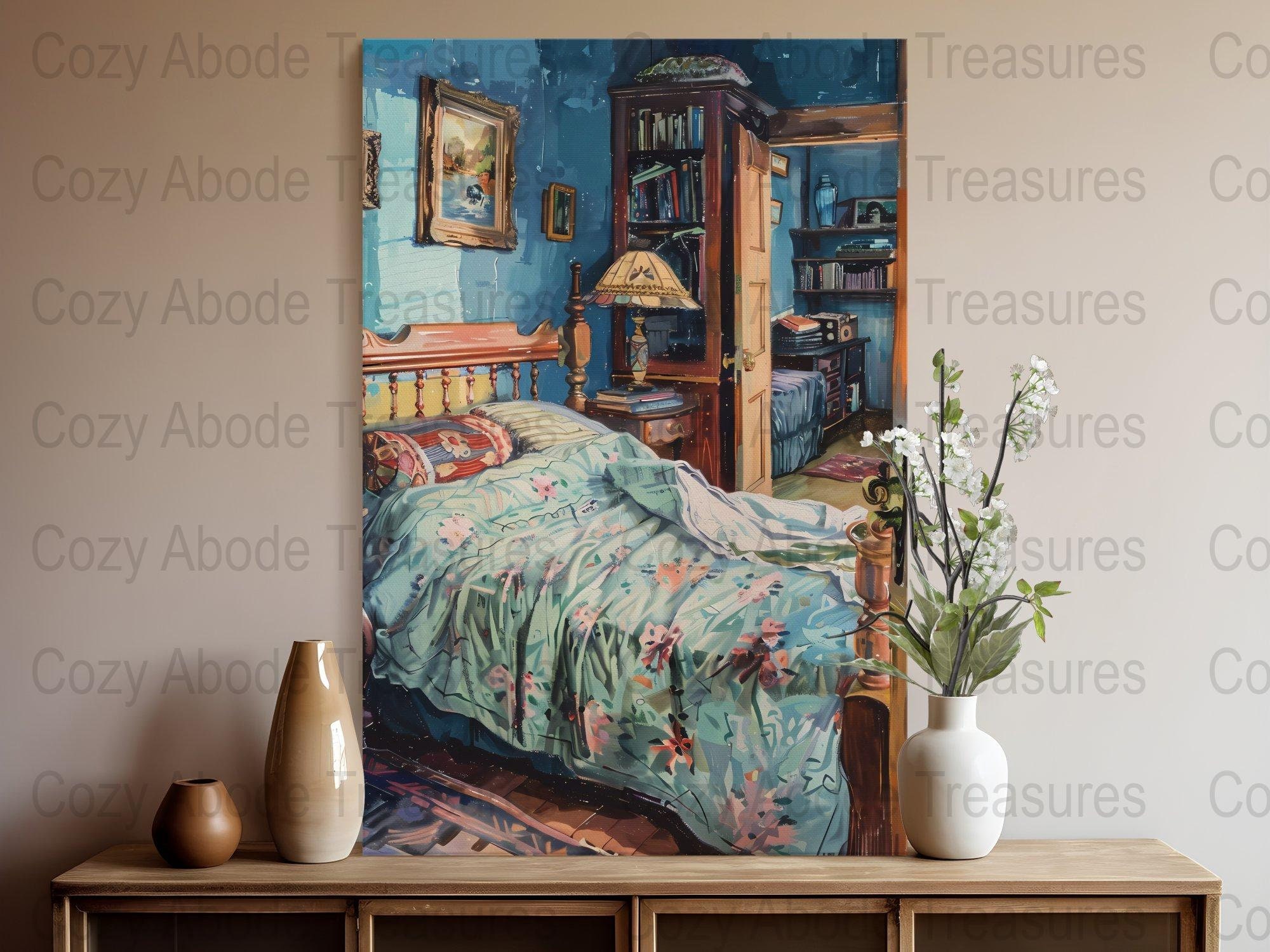 Cozy Bedroom Digital Art, Vintage Room Interior Printable Wall Decor ...