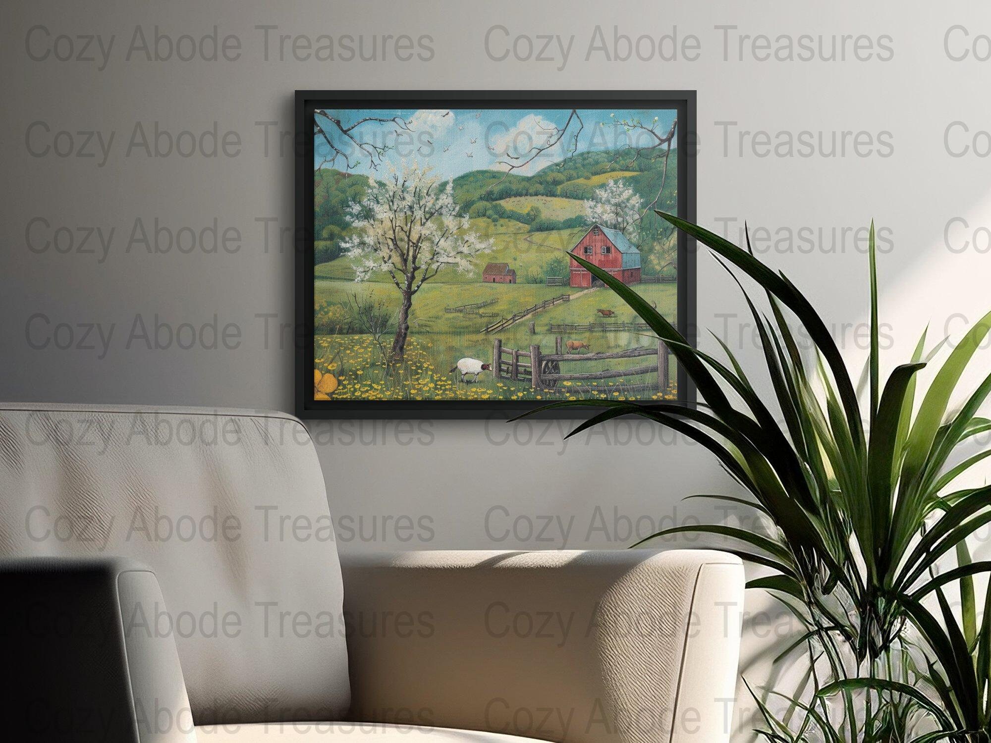 Rustic Farmhouse Digital Art Print, Spring Countryside Landscape ...