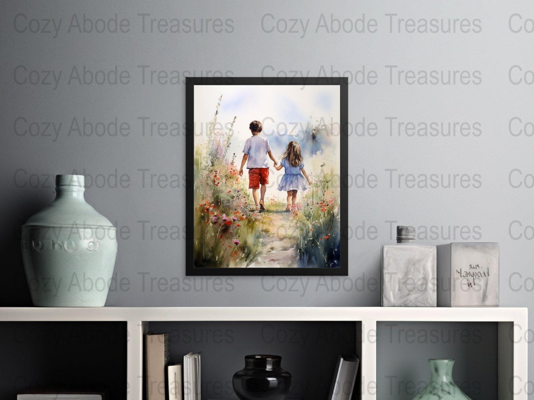 Brother and Sister Wall Art, Watercolor Kids Print, Digital Download, Sibling Love Poster