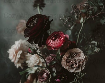Dark Floral Wallpaper, Moody Roses Digital Download, Gothic Decor, Dramatic Flower Photography, Home Wall Art