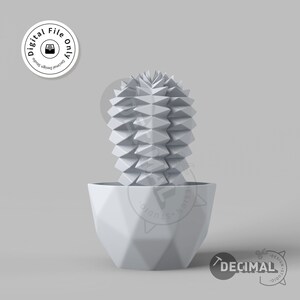 May include: A white geometric cactus sculpture in a matching pot. The cactus has a textured, spiky design, and the pot has a faceted shape. The image includes the text "Digital File Only" and the Decimal Design Studio logo.