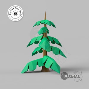 Op de afbeelding: Een papieren model van een dennenboom, gemaakt van groen papier met een bruine stam. De boom is gemaakt van meerdere lagen papier, waardoor een 3D-effect ontstaat.