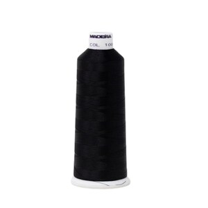 May include: A spool of black Madeira thread, with the brand name and "COL 100" printed on the white top. The thread is tightly wound around a black core, and the spool has a white base.
