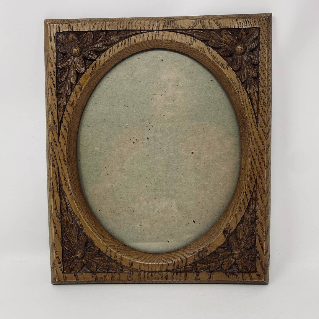 Vintage Wood Photo Frame With Carved Flowers Oval Insert Etsy