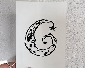 Moon Linocut Print: Retro Design, Vintage Dream