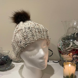 Small Children&#39;s Winter Crochet Hat With Fur Pom Pom