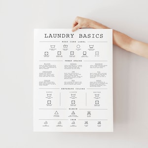 May include: A white poster titled "LAUNDRY BASICS" with black text and laundry symbols. The poster includes instructions for reading care labels, treating stains, separating colors, and ironing. The poster is held by a person's hand.