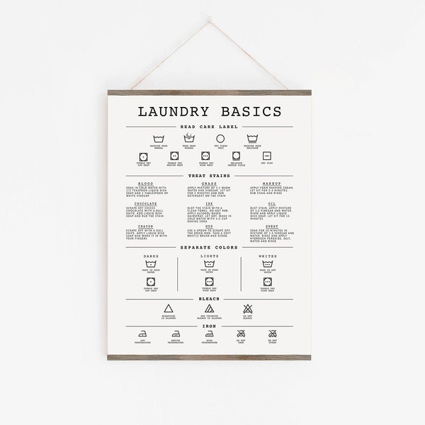 Laundry Basics Cheat Sheet, Laundry Symbols Guide & Stain Removal Poster, Printable Laundry Room Sign, Laundry Guide Print, Washing Symbols