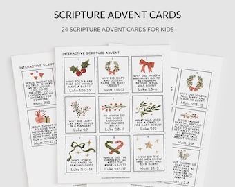 Printable Scripture Advent Cards, 24 Scripture Cards with Bible verses, questions, or prompts to practice Jesus' teachings, PDF, US Letter