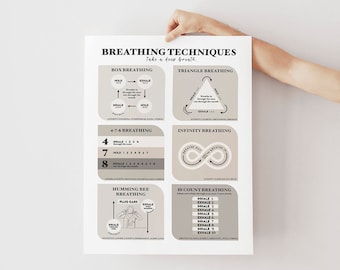 Printable Breathing Techniques Poster: Neutral Deep Breathing Guide, Calm Down Technique Chart, Mental Health Printable (Digital Download)