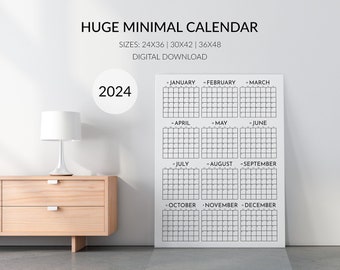 Large 2024 Wall Calendar, Big Wall Calendar 2024, Year at a Glance Planner, Big 2024 Calendar, Sizes 24x36, 30x42, 36x48, Digital Download