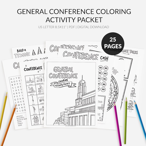 LDS General Conference Coloring Activity Packet, Primary Kids General Conference Activity, 25 Pages, US Letter size, PDF, Digital Download