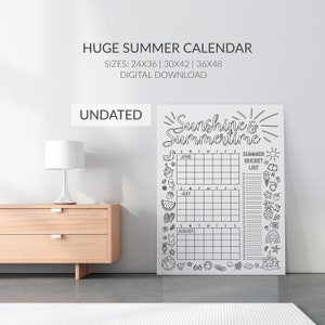 Huge Undated Summer Calendar Color in Poster, Giant Summer Planner Poster, Bucket List Checkoff, Sizes 24x36, 30x42, 36x48, Digital Download