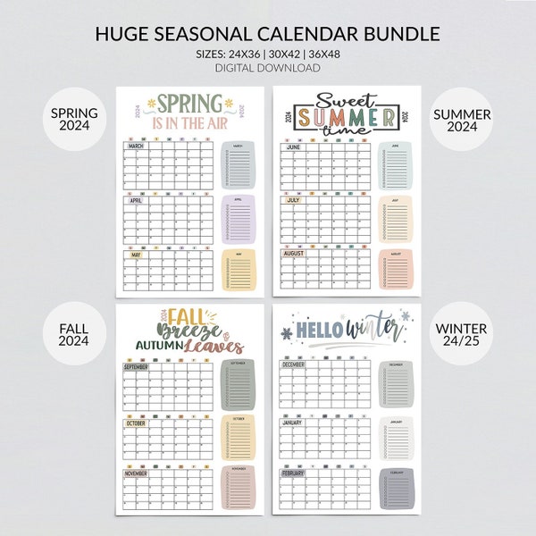 Huge Seasonal Calendar Set of 4, Spring 2024, Summer 2024, Fall 2024, Winter 2024-2025 Sizes 24x36, 30x42, 36x48, JPG, Digital Download