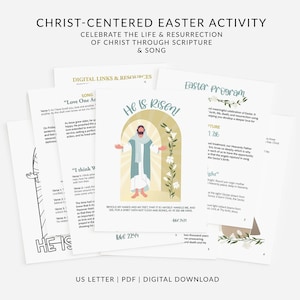 Pode incluir: Uma folha de atividade de Páscoa imprimível com uma ilustração colorida de Jesus Cristo com as palavras "Ele ressuscitou!" e um versículo bíblico de Lucas 22:44. A folha também inclui uma página para colorir de um ramo de palmeira e as palavras "Ele é" com um espaço para completar a palavra "ressuscitado". A folha inclui um programa de Páscoa com um versículo bíblico de 1 Pedro 3:16 e uma descrição do significado da Páscoa.
