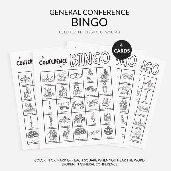General Conference Bingo Cards, LDS Primary Kids General Conference Activity, 4 Different Bingo Cards, US Letter size, PDF, Digital Download