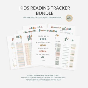 Paquete de seguimiento de lectura para niños, planificador de lectura, bingo de lectura, registro de lectura, rastreadores, estantería y más, carta de EE. UU., PDF, descarga digital