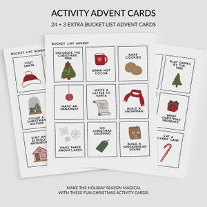 Set of 24 plus 3 extra Christmas activity advent cards. There are 9 cards on an 8.5x11 sheet of paper. Each activity has a cute Christmas picture to go with it. For example, the card that says DRINK HOT COCOA  has a red mug with a snowflake detail.