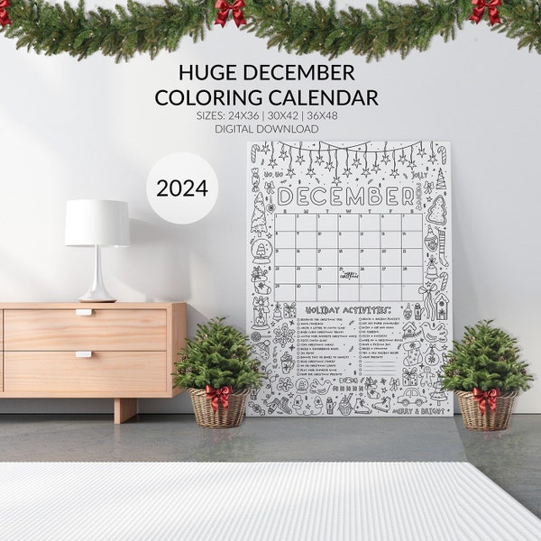 Huge December 2024 Coloring Calendar, Big Christmas Countdown Poster, Large Christmas Calendar Activities List, 24x36, 30x42, 36x48, Digital