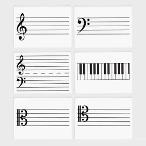 Set of 6 Music Practice Sheets. Treble Clef, Bass Clef, Alto Clef, Tenor Clef, Grand Staff, Piano Keyboard, Size US Letter and A4, Digital