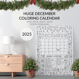 Huge December 2025 Coloring Calendar, Christmas Countdown, Large Christmas Calendar Activities List, 18x24, 24x36, 30x42, 36x48, Digital
