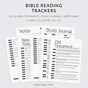 Bijbelleestrackers met studiedagboek en notitiepagina, leeslogboek van het Oude Testament, leesschema van het Nieuwe Testament, US Letter, A4, A5, PDF