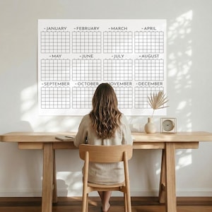 Duży, niedatowany kalendarz ścienny z krótkim przeglądem roku: ogromny poziomy plakat z planerem rocznym do domu, biura lub klasy (wersja cyfrowa do pobrania)