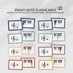 Piano Note Flashcards for Beginners: Color Coded Music Theory Cards, Middle C to High & Low C, Double-Sided 32 Card Set (PDF Download)