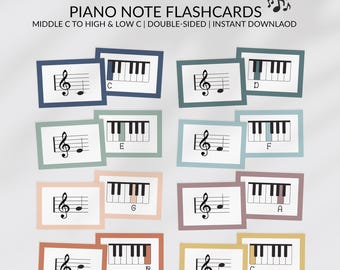 Piano Note Flashcards for Beginners: Color Coded Music Theory Cards, Middle C to High & Low C, Double-Sided 32 Card Set (PDF Download)