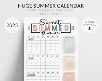 Großer 2025 Sommer-Wandkalender, Großes Sommer-Planer-Poster, Bucket List Checkoff für jeden Monat, Größen 18x24, 24x36, 30x42, 36x48, Download