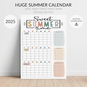 Grote zomerwandkalender 2025, grote poster zomerplanner, afvinklijst bucketlist voor elke maand, maten: 18 x 24, 24 x 36, 30 x 42, 36 x 48, download